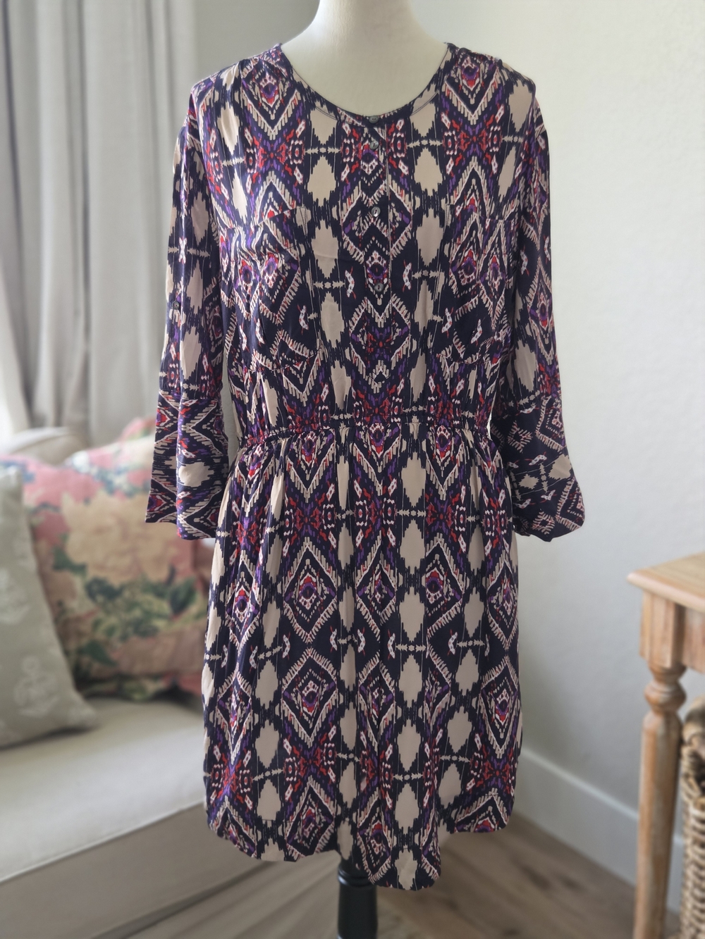 HOLDING HORSES Navy, Cream and Pink Patterned Long-Sleeve Dress